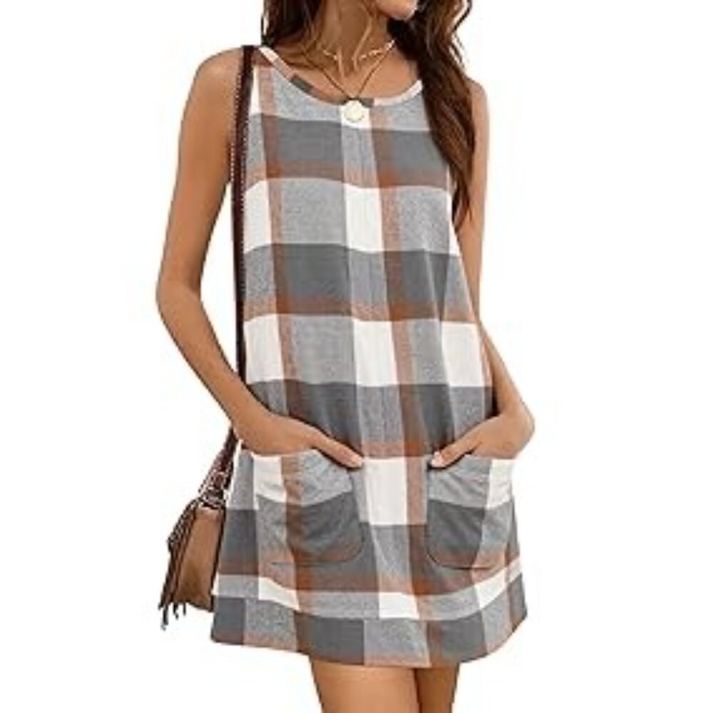 Hooever Plaid Overall Dress A Line Skirtall Jumper Mini Dress